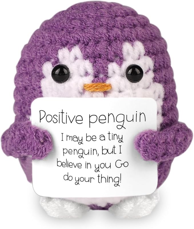 Positive Penguin, Mini Funny Knitted Penguin Toy Cute Positive Crochet Animals Potato Doll with Encouragement Card Gift for Kids Girls Boys Women Friends Birthday Party Decoration