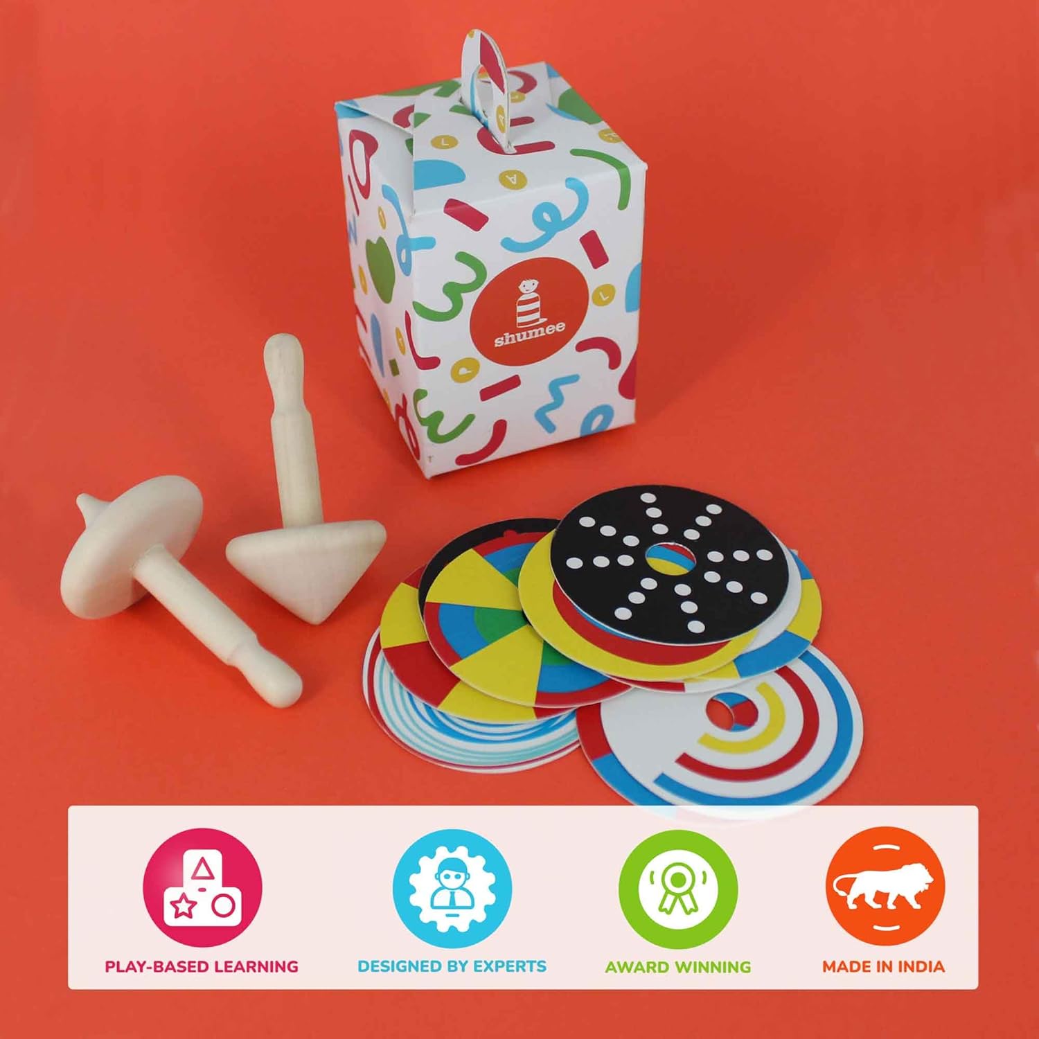 Shumee Spinning Tops for Kids 2 3 4 5+ Year old, Wooden Montessori Toys, Improves Hand Eye Coordination, Great for Sensory Play, Eco-Friendly 100% Child Safe Made with love and care of a mother-Orange