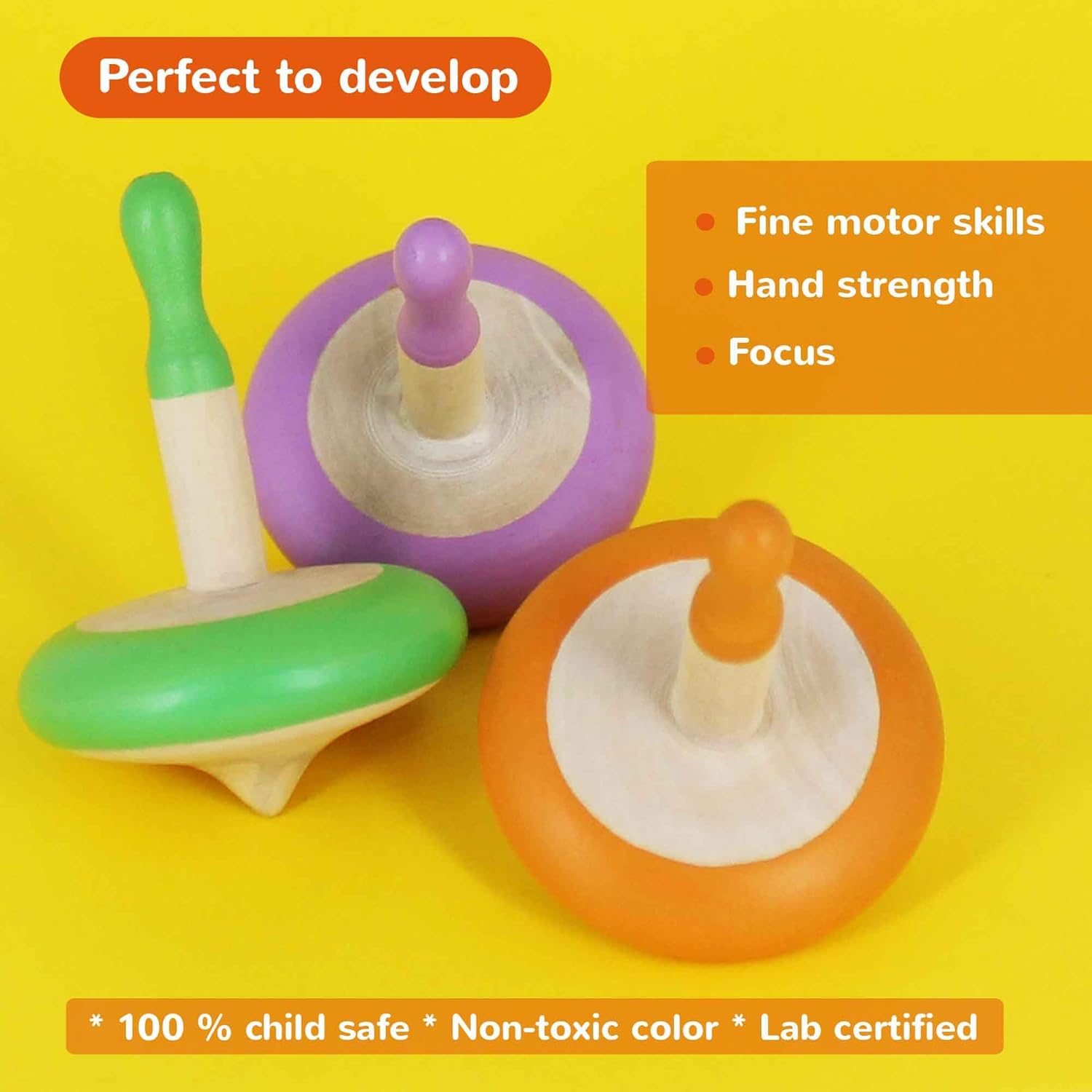 Shumee Spinning Tops for Kids 2 3 4 5+ Year old, Wooden Montessori Toys, Improves Hand Eye Coordination, Great for Sensory Play, Eco-Friendly 100% Child Safe Made with love and care of a mother-Orange