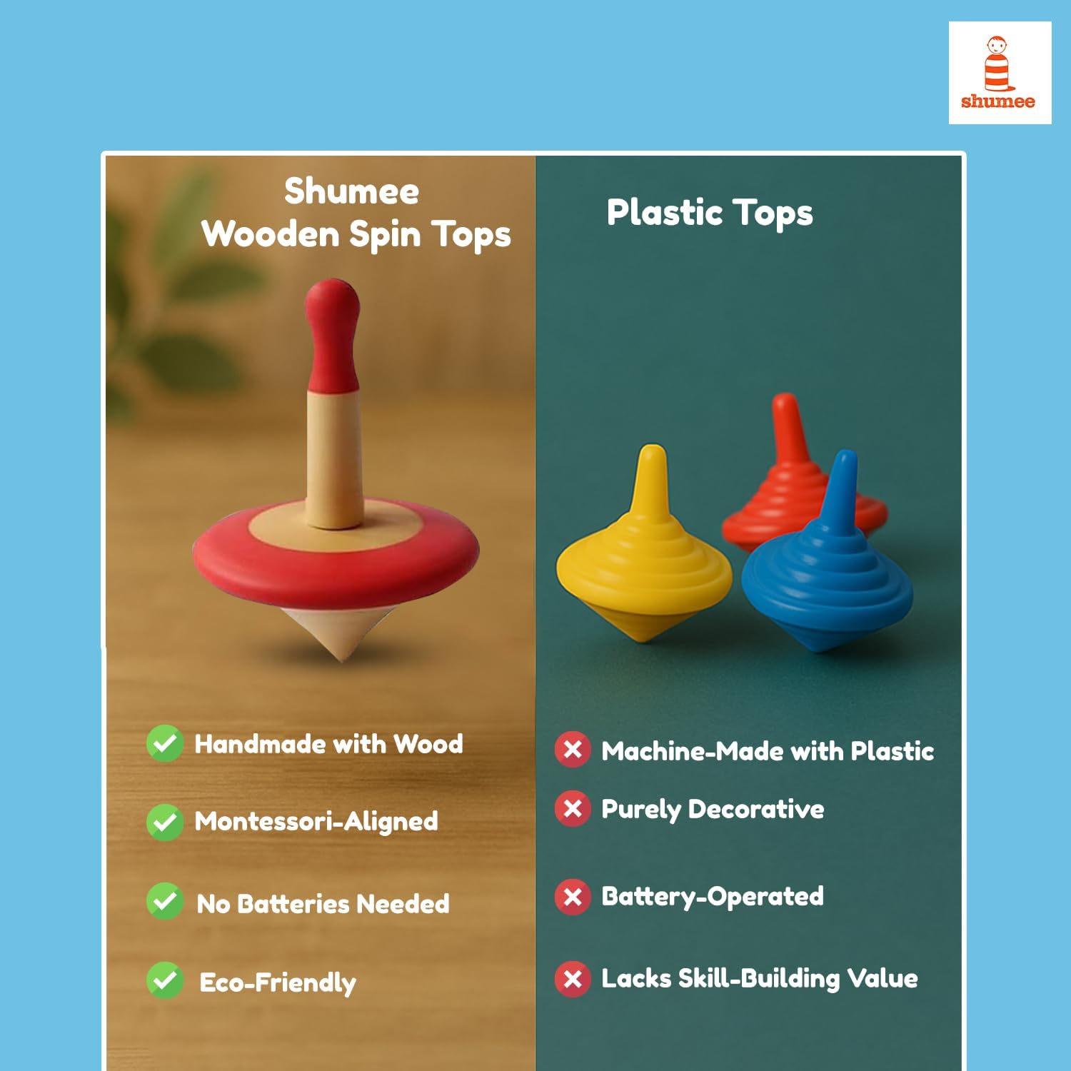 Shumee Spinning Tops for Kids 2 3 4 5+ Year old, Wooden Montessori Toys, Improves Hand Eye Coordination, Great for Sensory Play, Eco-Friendly 100% Child Safe Made with love and care of a mother-Orange