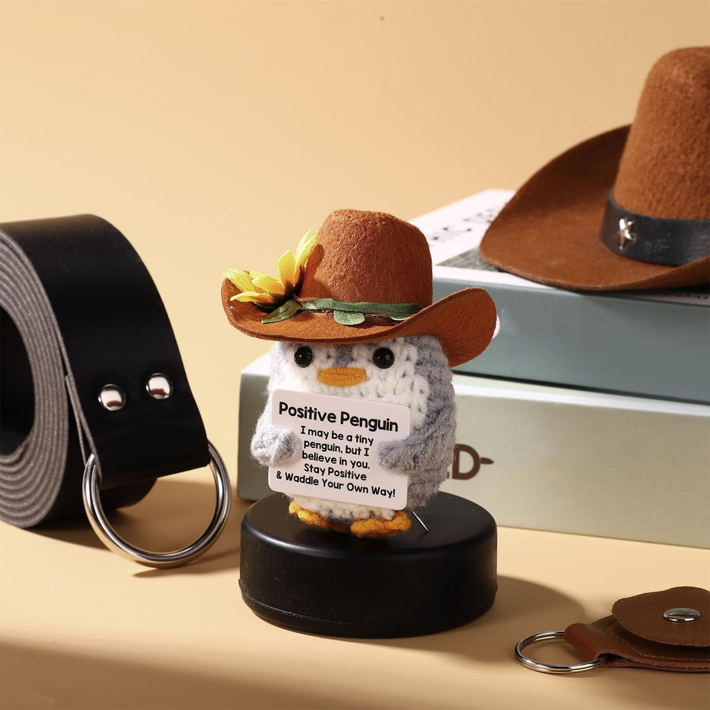 Positive Penguin, Mini Funny Knitted Penguin Toy Cute Positive Crochet Animals Potato Doll with Encouragement Card Gift for Kids Girls Boys Women Friends Birthday Party Decoration