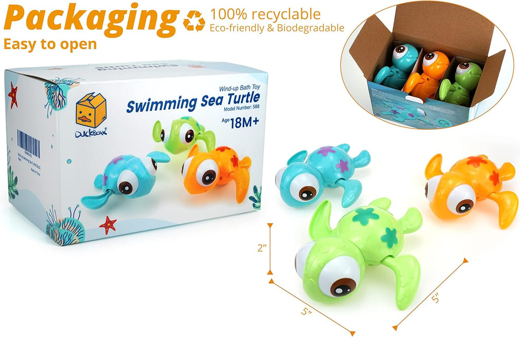DUCKBOXX XX Wind-up Swimming Sea Turtles Bath Toy, No Battery Mold-Free Anti-Rust Interactive Montessori Toy for Kids 18M+ (Blue)