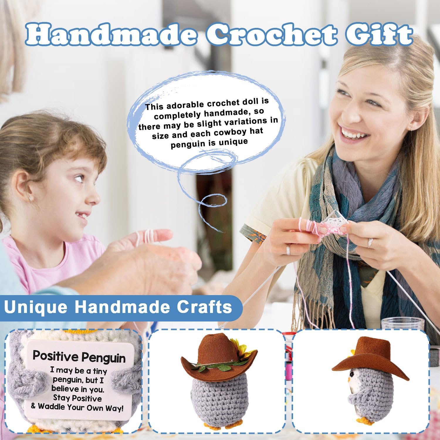 Positive Penguin, Mini Funny Knitted Penguin Toy Cute Positive Crochet Animals Potato Doll with Encouragement Card Gift for Kids Girls Boys Women Friends Birthday Party Decoration