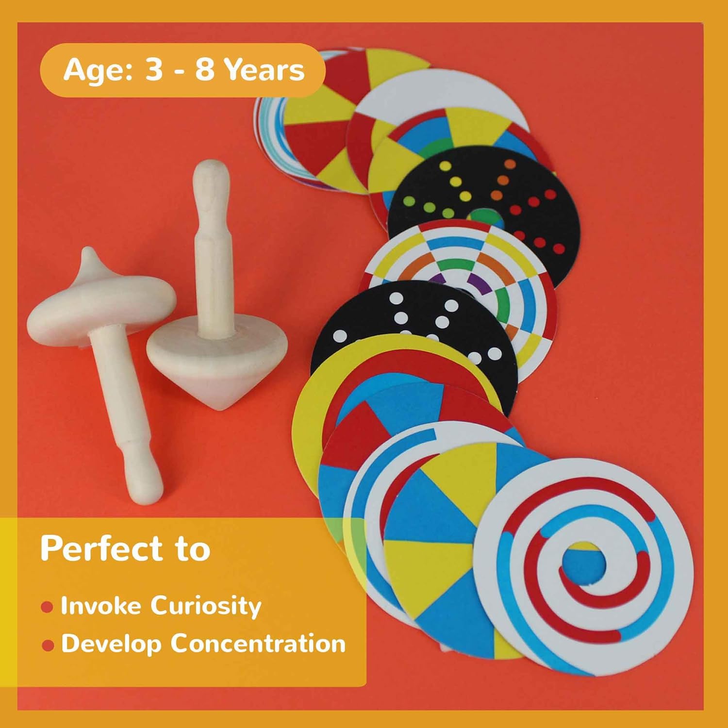 Shumee Spinning Tops for Kids 2 3 4 5+ Year old, Wooden Montessori Toys, Improves Hand Eye Coordination, Great for Sensory Play, Eco-Friendly 100% Child Safe Made with love and care of a mother-Orange