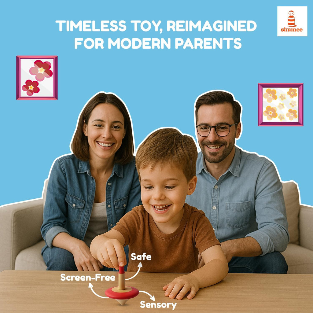 Shumee Spinning Tops for Kids 2 3 4 5+ Year old, Wooden Montessori Toys, Improves Hand Eye Coordination, Great for Sensory Play, Eco-Friendly 100% Child Safe Made with love and care of a mother-Orange