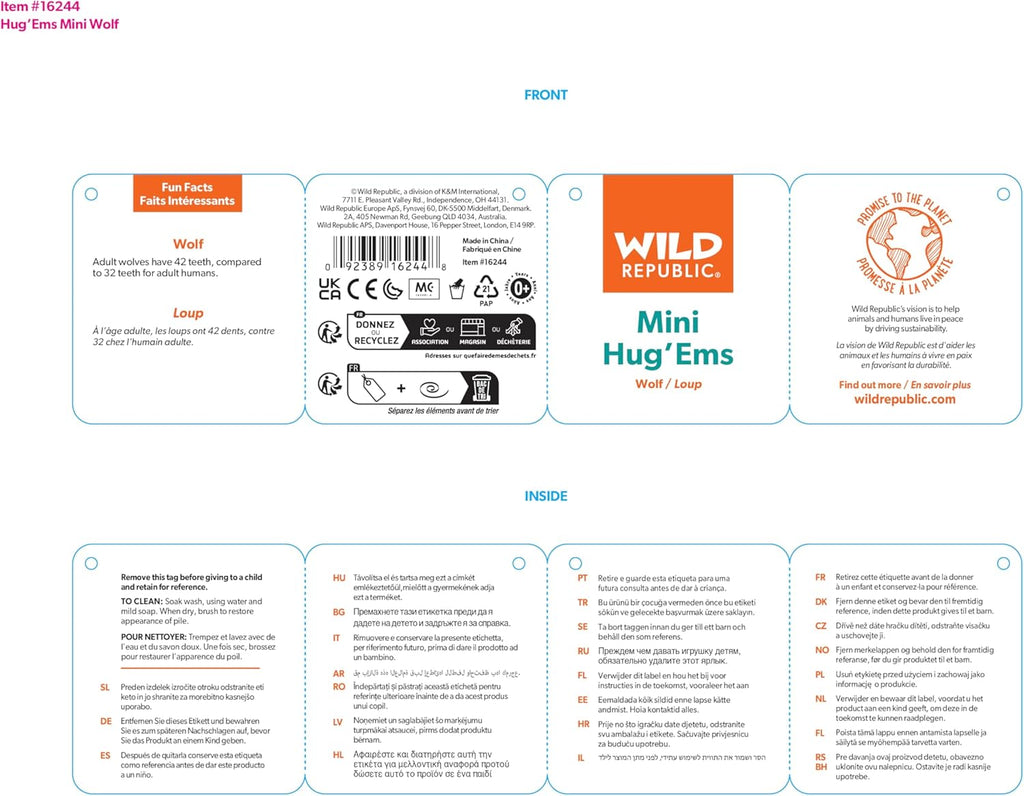 Wild Republic Wolf Plush, Stuffed Animal, Plush Toy, Gifts for Kids, Hug’Ems 7"