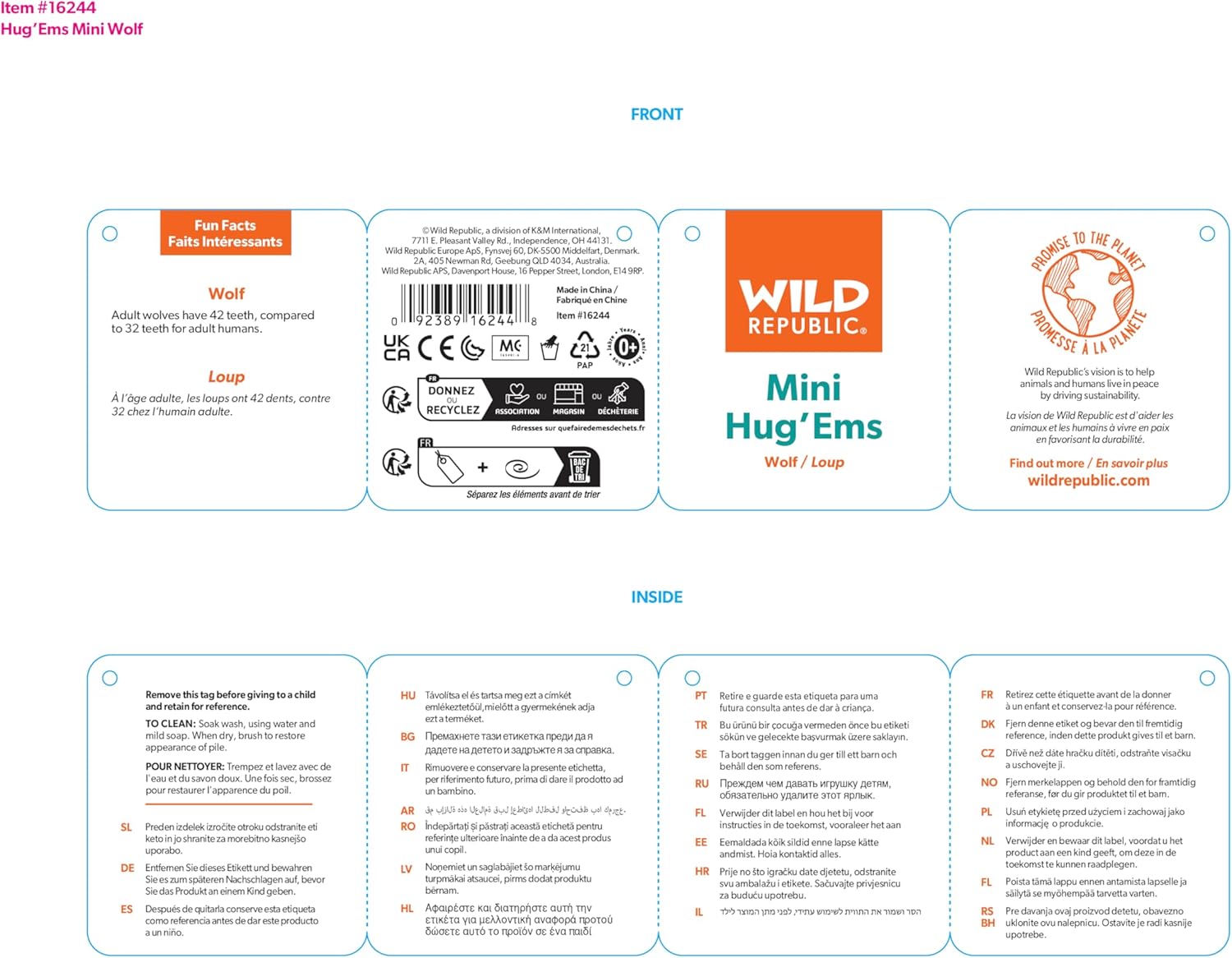 Wild Republic Wolf Plush, Stuffed Animal, Plush Toy, Gifts for Kids, Hug’Ems 7"