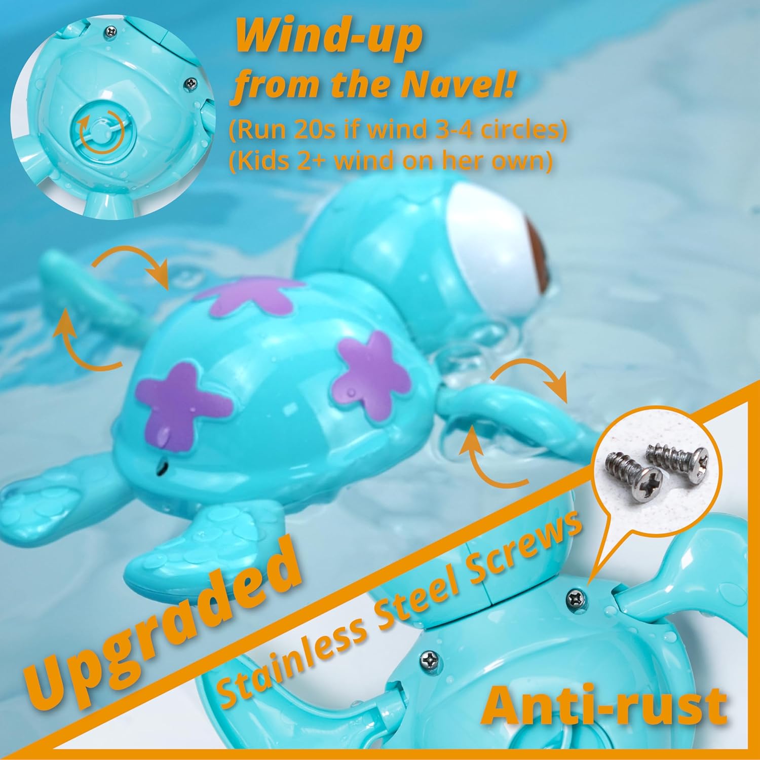 DUCKBOXX XX Wind-up Swimming Sea Turtles Bath Toy, No Battery Mold-Free Anti-Rust Interactive Montessori Toy for Kids 18M+ (Blue)