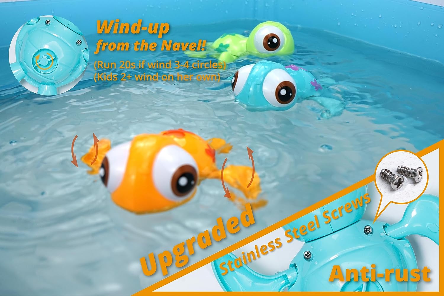 DUCKBOXX XX Wind-up Swimming Sea Turtles Bath Toy, No Battery Mold-Free Anti-Rust Interactive Montessori Toy for Kids 18M+ (Blue)